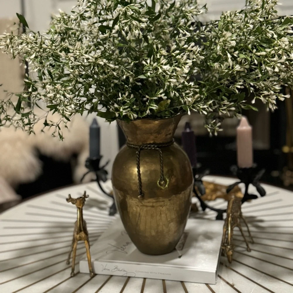 Vintage Large Hammered Brass Vase Ruffled Rim Brass Tassels 11”